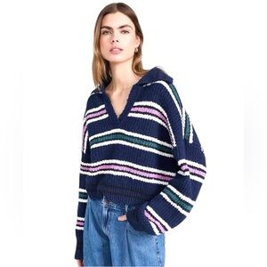 Free People Kennedy Striped V-Neck Sweater - NWOT. Navy, Pink, Green